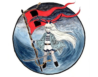 Fantasy Watercollor Illustration Anime Dragon Boy with Hurricane Flags and Sword Print