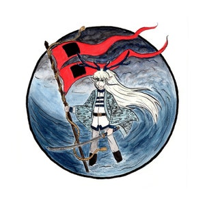 Könnte beinhalten: Ein Aquarellbild einer Person mit langen weißen Haaren und Geweih, die eine rote Flagge mit schwarzen Markierungen und ein Schwert hält. Die Person steht in einem wirbelnden blauen Meer.