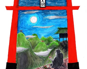 Fantasy Illustration View through Torii Gate with Tengu Figure Print