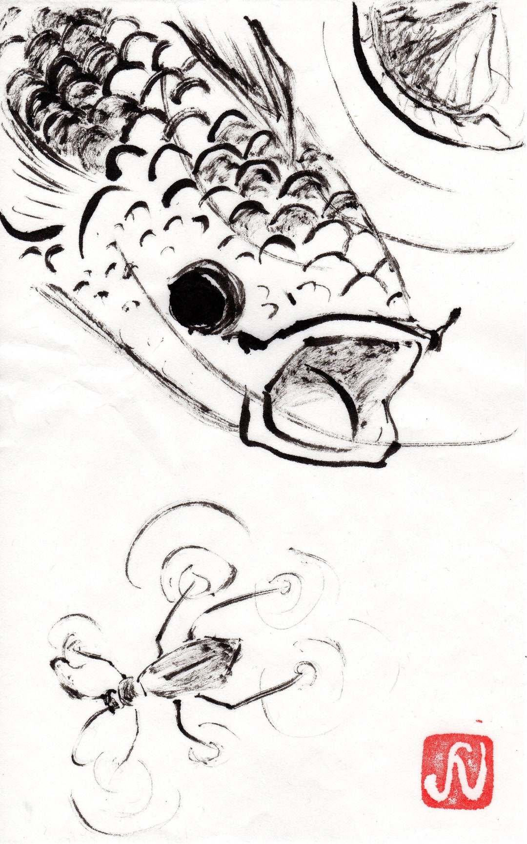 Japanese Style Ink Painting Koi Fish and Water Insect Print - Etsy