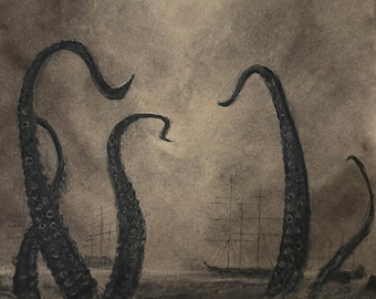 Donkere nautische zeemonstertekening gotisch maritiem vintage schip tentakel oceaanscène