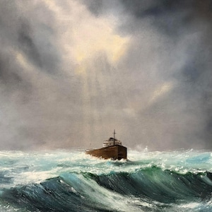 May include: An oil painting depicts a brown ship navigating turbulent, turquoise waves under a stormy sky. The dark clouds are illuminated by a patch of sunlight, creating a dramatic seascape.