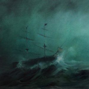 Pintura de barco fantasma, paisaje marino clásico, barco embrujado