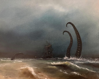 Kraken Original Oil Painting, Dark Ocean Seascape, Sea Monster Artwork, Gothic Nautical Art, Tall Ship Storm Painting