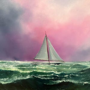 May include: Oil painting of a sailboat on a turbulent sea. The boat has a white sail and is set against a dramatic sky of pink and purple hues. The ocean is depicted with shades of green.