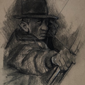 May include: A charcoal drawing of a person wearing a hat and coat, holding a fishing rod. The artwork is rendered in shades of gray and black, with visible texture and shading, creating a sense of depth and realism. The person's expression is serious.