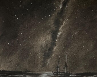 Lámina artística de la constelación de Géminis con temática oceánica, dibujo de la Vía Láctea, arte mural náutico del cielo nocturno, barco en el mar, decoración costera celestial.