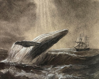 Whale and Ship Charcoal Art Print – Dramatic Ocean Scene