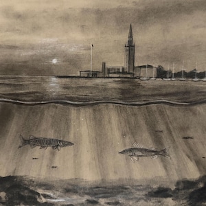 May include: A sepia-toned drawing depicts a serene waterscape. Above the water, a building with a tall steeple and sailboats are visible. Below the surface, two fish swim, with light rays filtering down. The artwork evokes a sense of tranquility.