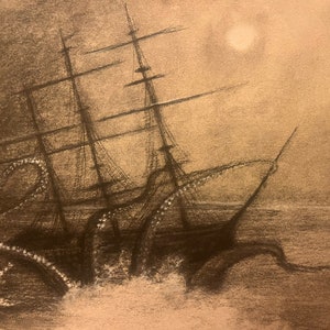 Vintage Sea Monster Octopus Attacks Ship Drawing Nautical Decor Coastal Art Old Fashioned