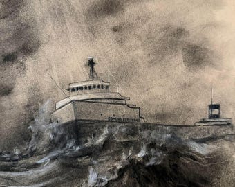 Dibujo de Edmund Fitzgerald — Arte marítimo a carboncillo, Naufragio en el lago Superior, Original 9x12, Enmarcado 11x14