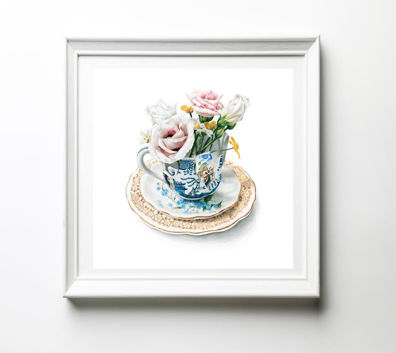 Teacup Drawing Floral Art Print Flowers Wall Art Print Etsy UK