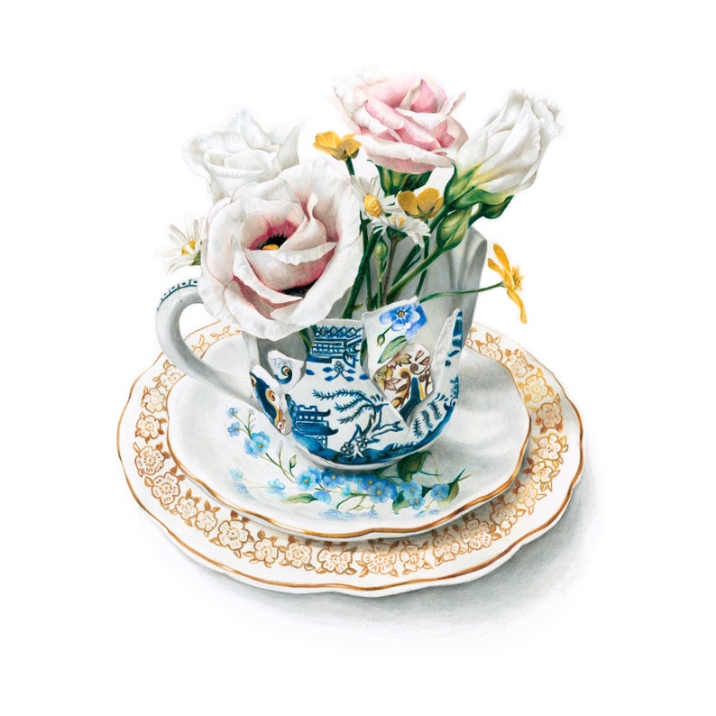 Teacup Drawing Floral Art Print Flowers Wall Art Print Etsy UK