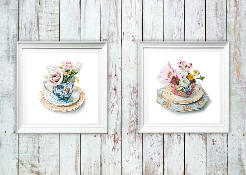 Teacup Drawing Floral Art Print Flowers Wall Art Print Etsy UK