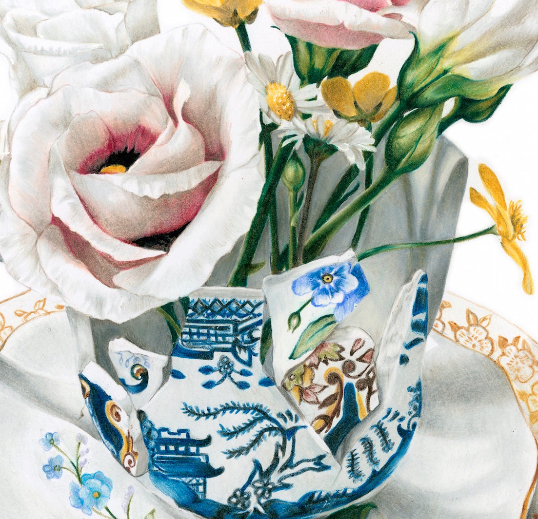 Teacup Drawing Floral Art Print Flowers Wall Art Print Etsy UK