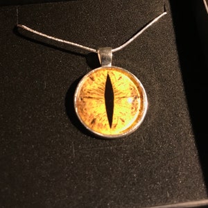 May include: A silver-toned pendant necklace featuring a round pendant with a detailed, yellow-orange eye design. The eye has a black, vertical pupil and is set in a silver bezel. The necklace is displayed on a black surface.