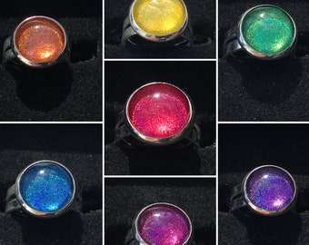 TALLA DE HIJO o anillo de dedo del pie arco iris holo taco colección plata chapado anillos ajustables holográficos