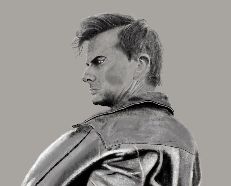 Puede incluir: Un dibujo en blanco y negro de un hombre con el pelo corto y oscuro. Lleva una chaqueta de cuero y mira por encima del hombro.