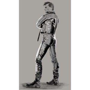 Puede incluir: Un dibujo en blanco y negro de una persona que lleva una chaqueta de cuero y pantalones vaqueros. La persona est&aacute; de pie de espaldas al espectador y con la cabeza girada hacia un lado. El dibujo est&aacute; hecho en un estilo realista.