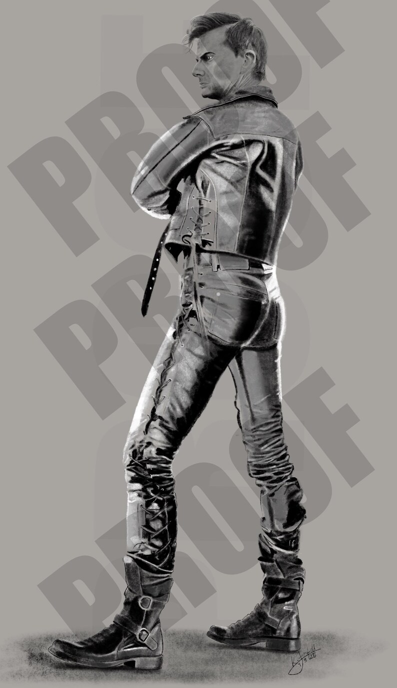 Puede incluir: Una ilustraci&oacute;n en blanco y negro de una persona que lleva una chaqueta de cuero, pantalones vaqueros y botas. La persona est&aacute; de pie de espaldas al espectador y con la cabeza girada hacia un lado.