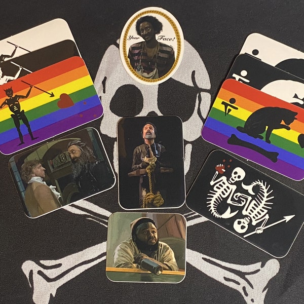 UPDATED! NOW 12 small stickers Blackbeard + Stede Bonnet OFMD, pirate pride flag rainbow black white, Roach, Oluwande, Izzy Hands,