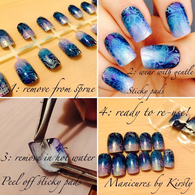 May include: A set of reusable press-on nails with a blue and purple ombre design and white floral patterns. The nails are shown in a package, on a finger, and being removed from a sprue. The text "1: remove from sprue", "2: wear with gentle sticky pads", "3: remove in hot water, peel off sticky pads", "4: ready to re-use!" and "Manicures by Kirsty" is visible in the image.