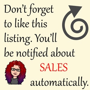 May include: Don't forget to like this listing. You'll be notified about SALES automatically. A cartoon woman with red hair and glasses is in the image.