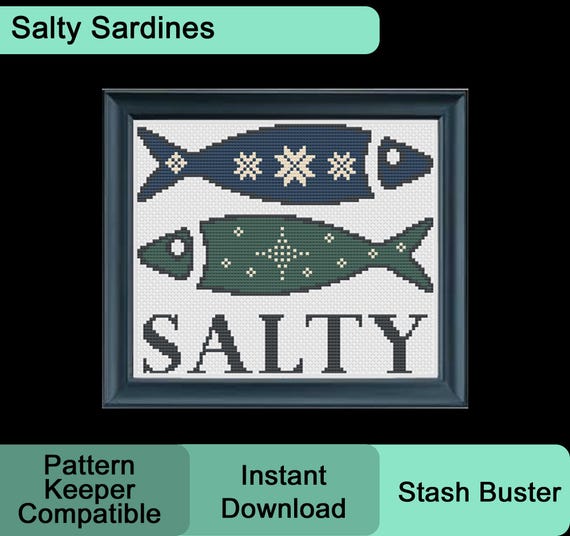 Salty Sardine Cross Stitch Pattern PDF, Fisherman Style, Modern Nautical & Coastal Fish Decor, Ocean Beach House, Instant Download