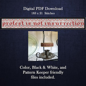 May include: A cross-stitch design with the words "protest is not insurrection" in red letters. The design is framed in a black border. The image also includes a glass candle holder and text that says "Color, Black & White, and Pattern Keeper friendly files included."