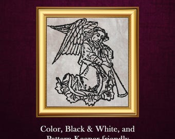 Medieval Angel Cross Stitch Pattern PDF (#1), Woodcut Style Gothic Art, Historical & Angelic Wall Decor, Instant Digital Download