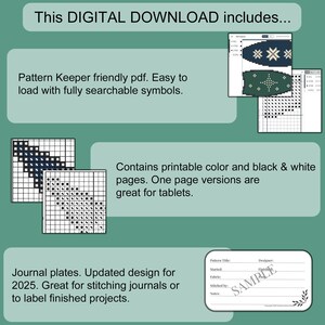 May include: A digital download for a cross stitch pattern. The pattern includes a printable color and black and white version, a journal plate, and a Pattern Keeper friendly PDF. The image shows a sample of the pattern, which features a blue and green snowflake design.