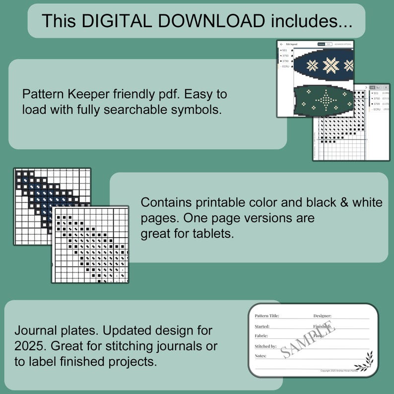 May include: A digital download for a cross stitch pattern. The pattern includes a printable color and black and white version, a journal plate, and a Pattern Keeper friendly PDF. The image shows a sample of the pattern, which features a blue and green snowflake design.