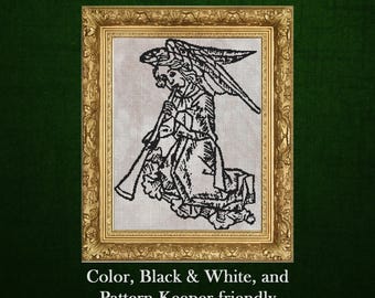 Medieval Angel Cross Stitch Pattern PDF (#2), Woodcut Style Gothic Art, Historical & Angelic Wall Decor, Instant Digital Download
