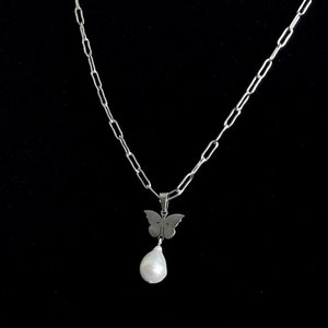 Butterfly Freshwater Pearl Drop Necklace Stainless Steel Paperclip Chain Custom Length Handmade Unisex Jewelry Cold Shoulder LA