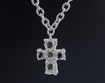 Black Gem Cross Necklace: Stainless Steel Chain, Handmade Pendant