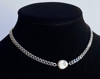 Mini Baroque Pearl Cuban Link Chain Choker Stainless Steel Real Freshwater Pendant Necklace Silver Handmade Unisex Jewelry Cold Shoulder