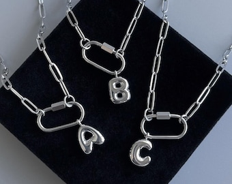 Carabiner Initial Necklace: Stainless Steel Paperclip Chain, Personalized Bubble Letter Charm