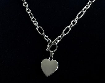 Stainless Steel Heart Toggle Necklace Silver Pendant Thick Oval Chain Y2K Handmade Unisex Jewelry Cold Shoulder LA