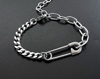 Roestvrijstalen schakelarmband met veiligheidsspeld: handgemaakte, unisex-sieraden