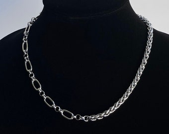 Half Chain Link Necklace Woven Wheat Oval Silver Stainless Steel Layer Tarnish-Proof Handmade Unisex Mens Jewelry Cold Shoulder LA