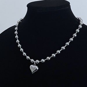 Mini Puffed Heart Ball Chain Choker Stainless Steel Pendant Necklace 3D Blob Chrome Tarnish-Proof Mens Unisex Handmade Jewelry Cold Shoulder