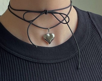 Mini Puffed Heart String Necklace Silver or Gold Black Cord
