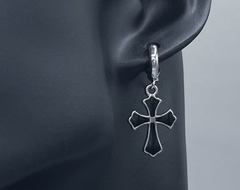 Mini pendientes de aro con cruz gótica negra, esmalte, plata, cromo, pequeños, mini, para uso diario, unisex, hechos a mano, con hombros descubiertos, LA