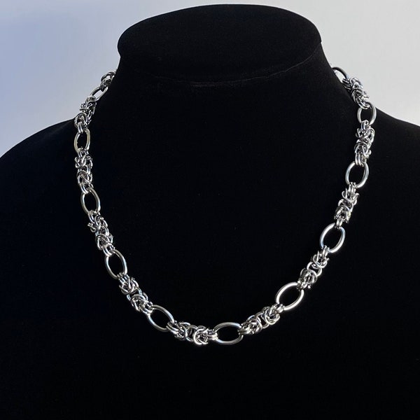 Woven Oval Mix Chain Link Necklace Silver Stainless Steel Layer Chunky Thick Tarnish-Proof Handmade Unisex Mens Jewelry Cold Shoulder LA