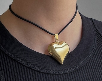 Gold Puffed Heart String Necklace Black Cord Long Wrap Tie Choker XL or Mini Stainless Steel Chunky 3D Puffy Pendant Handmade Unisex Jewelry