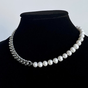 Freshwater Pearl Chain Ball Cuban Link Necklace Half Solid Stainless ...