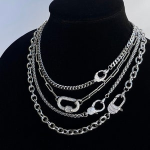 Mini CZ Clasp Stainless Steel Silver Chain Link Necklace Choker Tarnish-Proof Diamond Crystal Layer Handmade Unisex Jewelry Cold Shoulder LA
