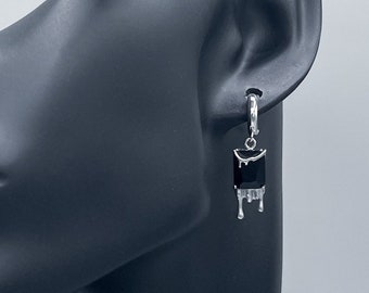 Black Stone Drippy Earrings Stainless Steel Statement Square CZ Mini Hoop Dangle Drop Drip Everyday Unisex Jewelry Handmade Cold Shoulder LA