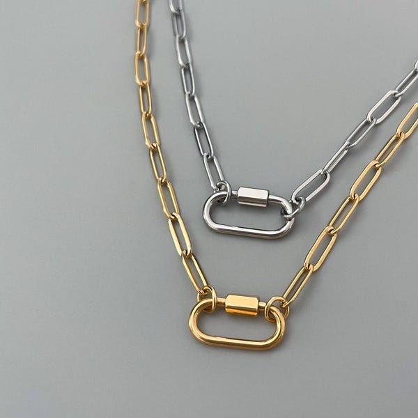 Mini collier mousqueton avec chaîne trombone : acier inoxydable, fait main