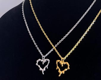 Drippy Heart Necklace: Stainless Steel Chain, Handmade Pendant